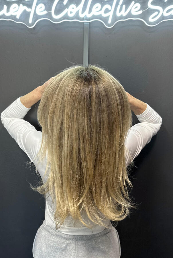 Grey coverage balayage, balayage specialist, lived in color, blonde highlights, blonde specialist, Euless hairstylist, Euless balayage specialist, Bedford hairstylist, Bedford balayage specialist