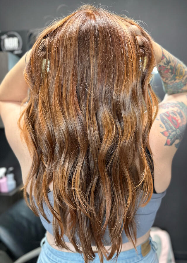 Grey coverage balayage, red balayage, copper hair color, Euless, hair color, HEB salon